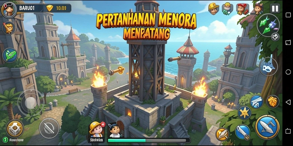 Tangkapan layar permainan BARU01 menampilkan aksi seru dalam pertahanan menara.