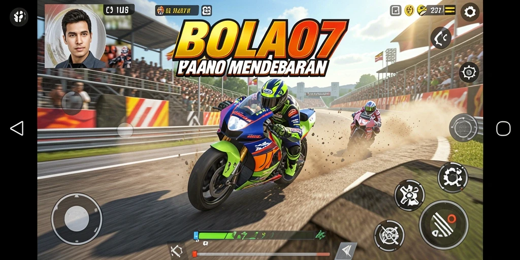 Screenshot gameplay BOLA07 menunjukkan aksi balapan motor yang intens.