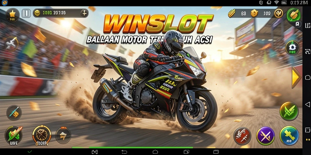 Gameplay WINSLOT dengan motor balap yang cepat di trek menantang.